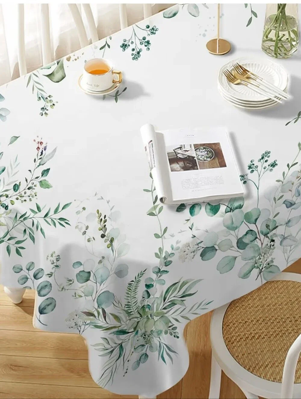 Green Waterproof  Botanical Oval  Tablecloth Size 60 X 84